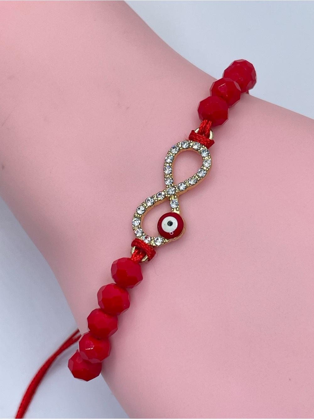 Gold Tone Evil Eye Infinity Red Crystal Cord Adjustable Bracelet